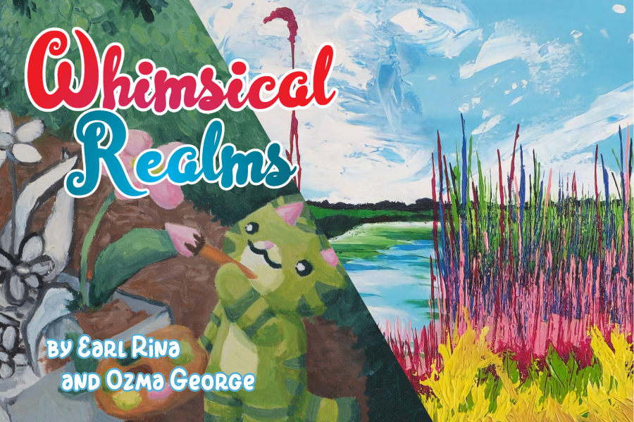 Colourful landscape painting of a pond with overplay text reading "Whimsical Realms"