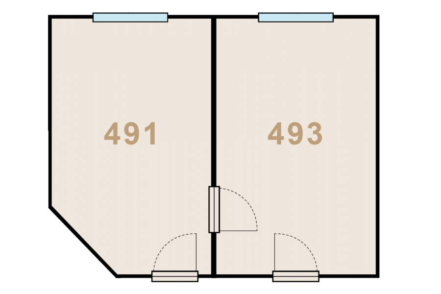 Floor-plan showing the two conjoined rooms of Taché Hall 491 and 493
