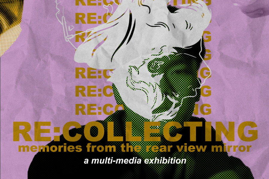 Abstract purple, green, and white painting with gold letters reading "Re:collecting"