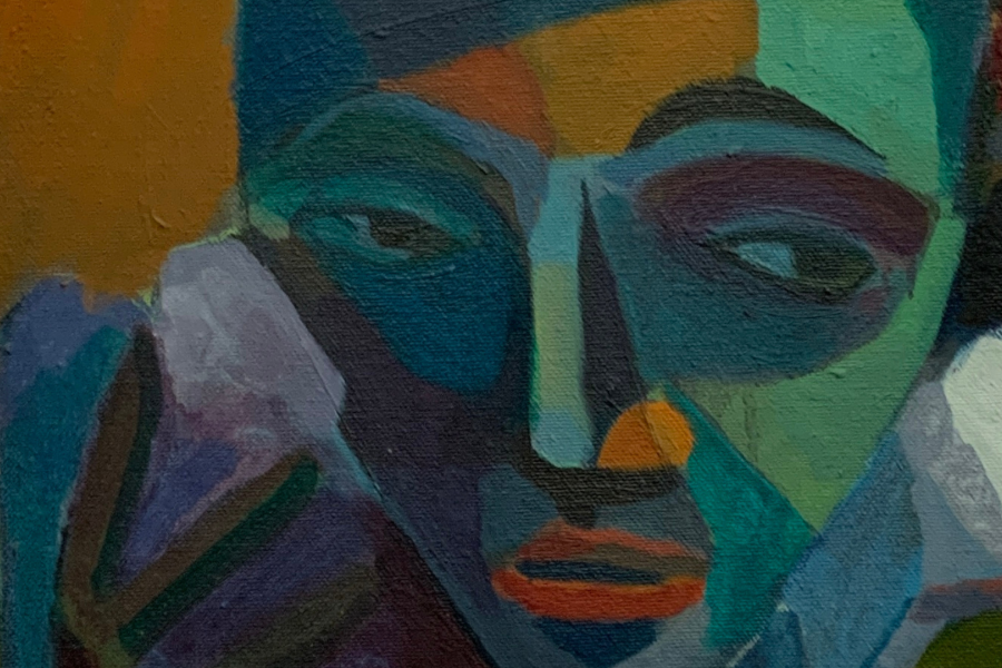 Abstract figurative painting of a face with a mix of blue, green, and natural colours.