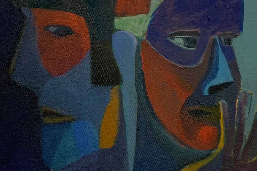 Abstract figurative painting of two faces with a mix of blue, green, and natural colours.