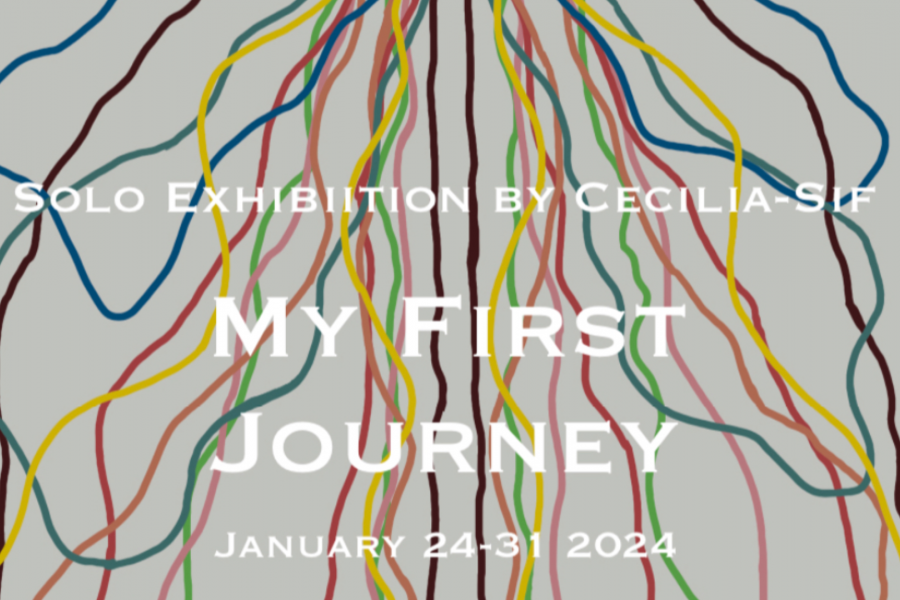 Title card reading "Solo exhibition by Cecilia-Sif, My First Journey" In white text over a background of coloured lines.