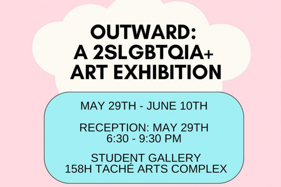 Title Card reading "Outward: A 2SLGBTQIA+ Art Exhibition May 29-June 10" in black text on a pink background.