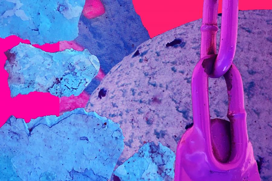 A vibrant abstract composition featuring fragments of blue textured surfaces, a pink chain link, and layered imagery with bold pink and blue tones.