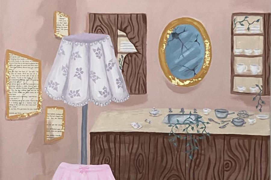 Painting of a pastel-coloured room with a vintage, floral lampshade, cracked mirror, wooden cabinets, scattered teacups, and framed book pages on the walls, evoking a nostalgic and whimsical atmosphere.