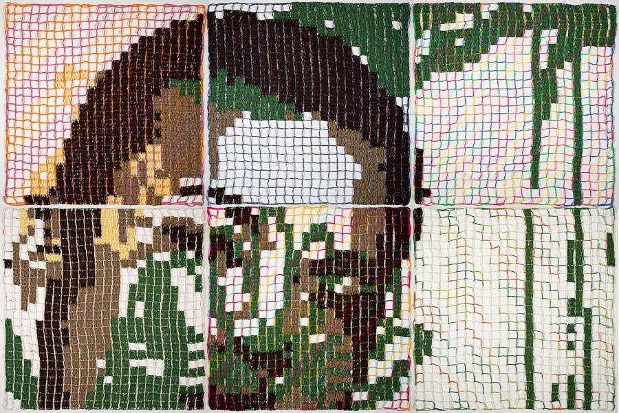 A six-panel textile artwork with a pixelated, abstract portrait in green, brown, and pink tones, set on a colorful grid.