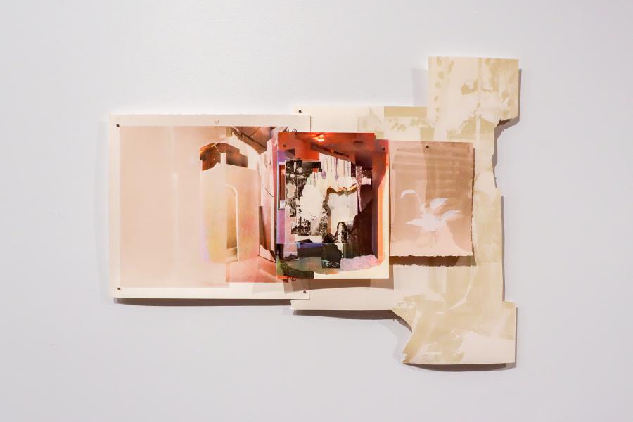 A mixed-media collage combining pastel tones and photographic prints with a central focus on layered transparency.