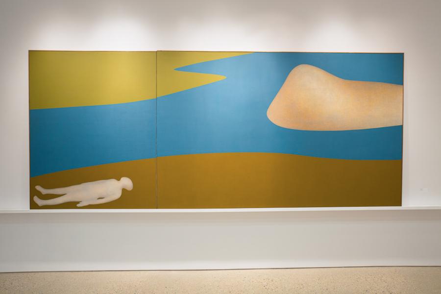 A detailed view of a large abstract painting in blue, green, and beige tones, with a reclining white figure silhouette on the left.