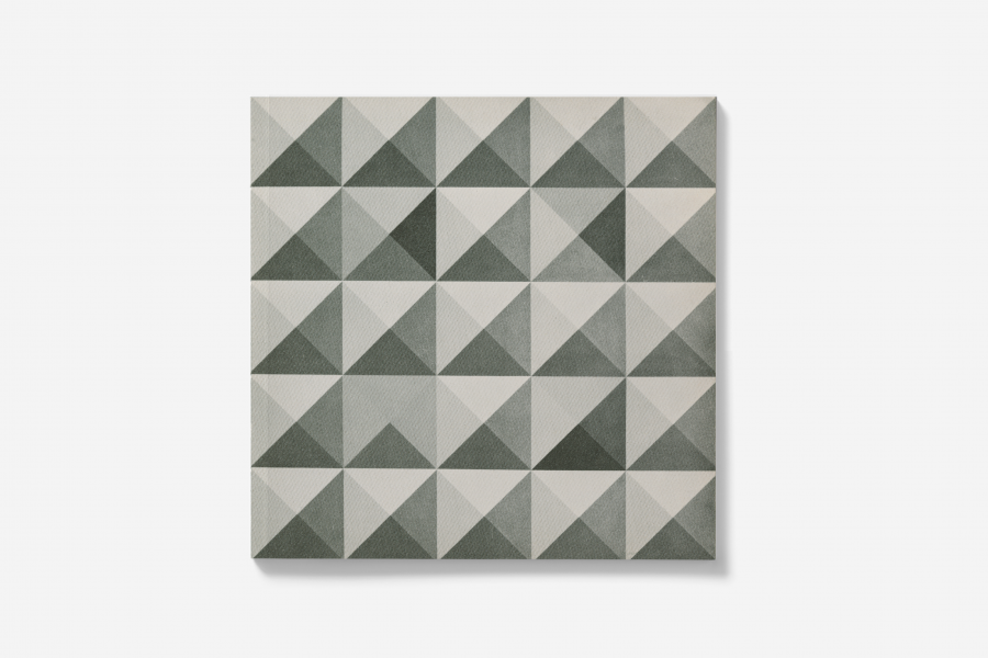 Don Reichert artwork featuring a geometric pattern of triangles in varying shades of green and beige.