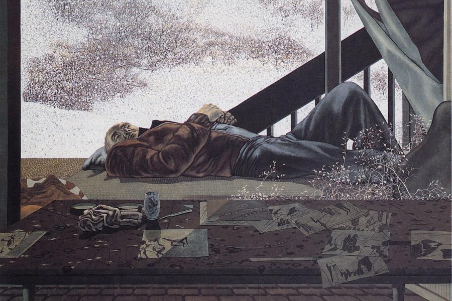 A painting of a man lying on a porch or floor with a blanket over him, surrounded by scattered papers, and a cup on a table. Snowy landscape and vegetation are visible in the background.