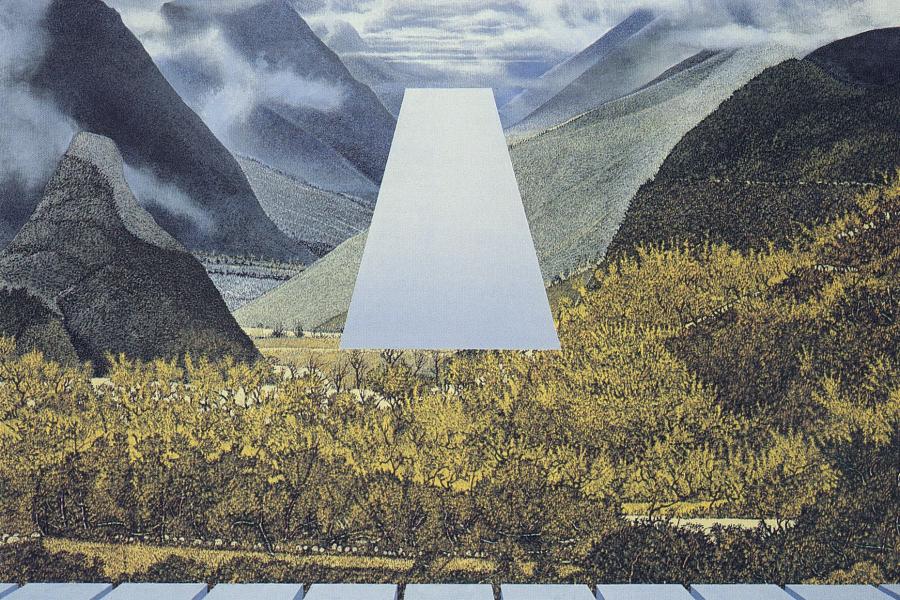 A landscape painting of mountains and trees with a large, white geometric shape floating above the scene, with a row of tiles in the foreground.