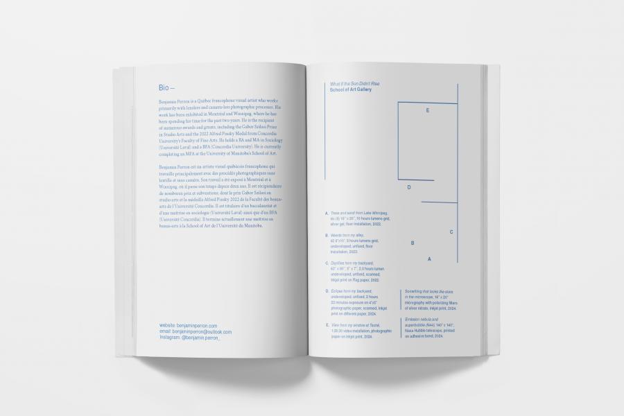 Interior pages of the exhibition catalog, including Benjamin Perron's bilingual bio, exhibition map, and artwork descriptions.