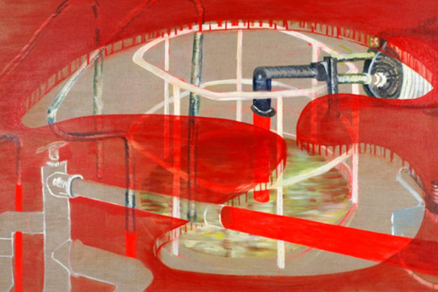 A painting featuring an abstract composition of industrial pipes, valves, and circular structures, overlaid with organic red shapes that resemble anatomical forms or liquid flow.