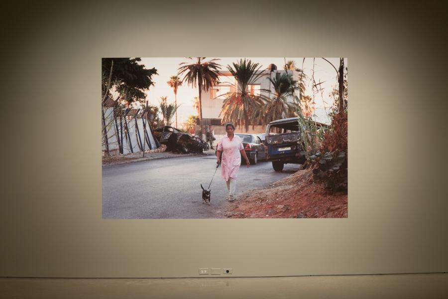 A photograph of a woman walking her dog in a suburban setting, framed within Lidwien van de Ven's exhibition.