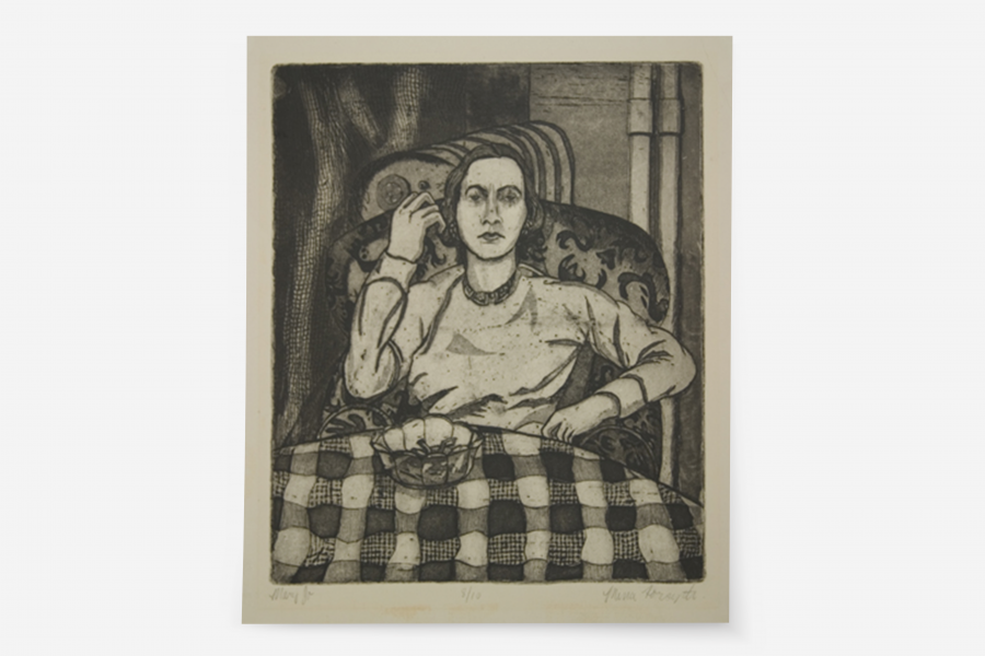 A black and white etching of a woman seated at a table with a checkered tablecloth, smoking a cigarette, with an intricate patterned chair in the background.