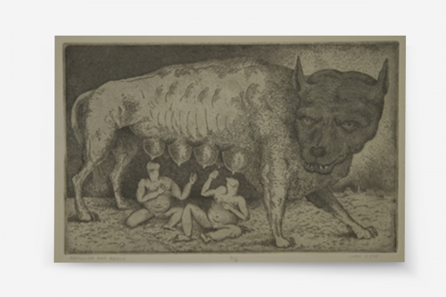 A surreal etching depicting a hybrid creature resembling a wolf with a human-like face, standing over two figures nursing from its underbelly.