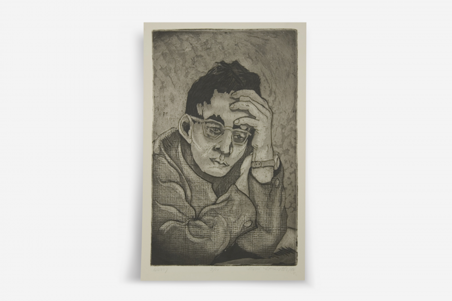 A black and white etching of a man wearing glasses, resting his head on his hand with a contemplative expression.