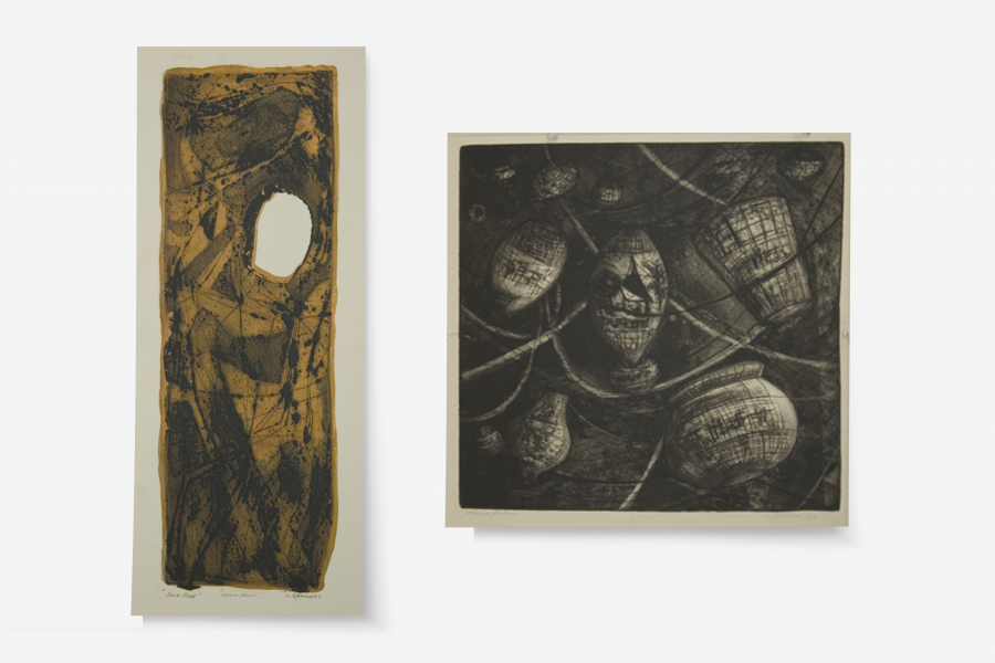 Two abstract etchings, one featuring a textured surface with an oval cutout, the other depicting hanging lantern-like objects connected by thin lines.