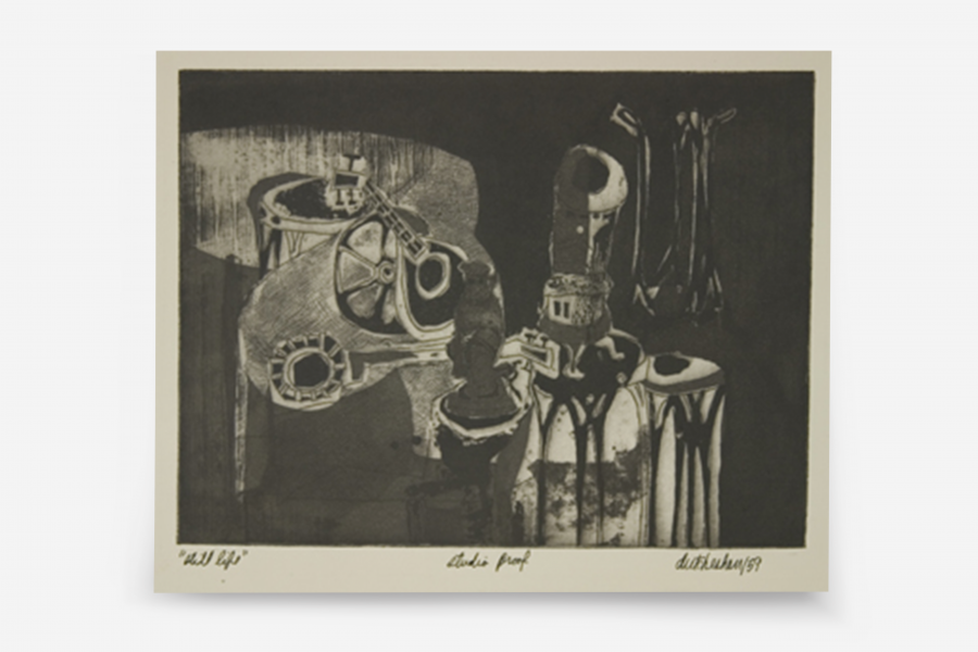 A dark etching of industrial objects, gears, and machinery elements arranged in a still life composition.