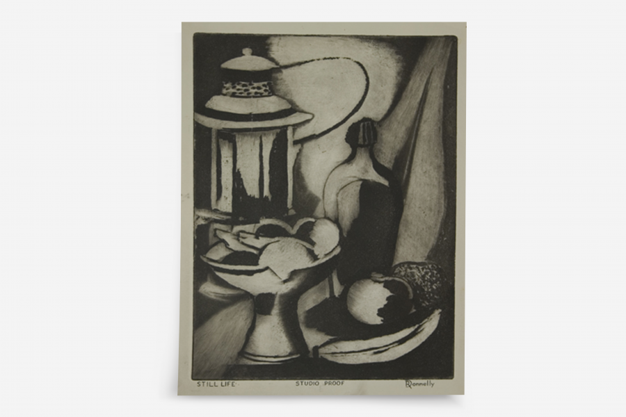 A black and white still life etching featuring a lantern, a bowl of fruit, a bottle, and a banana, arranged in a classical composition.