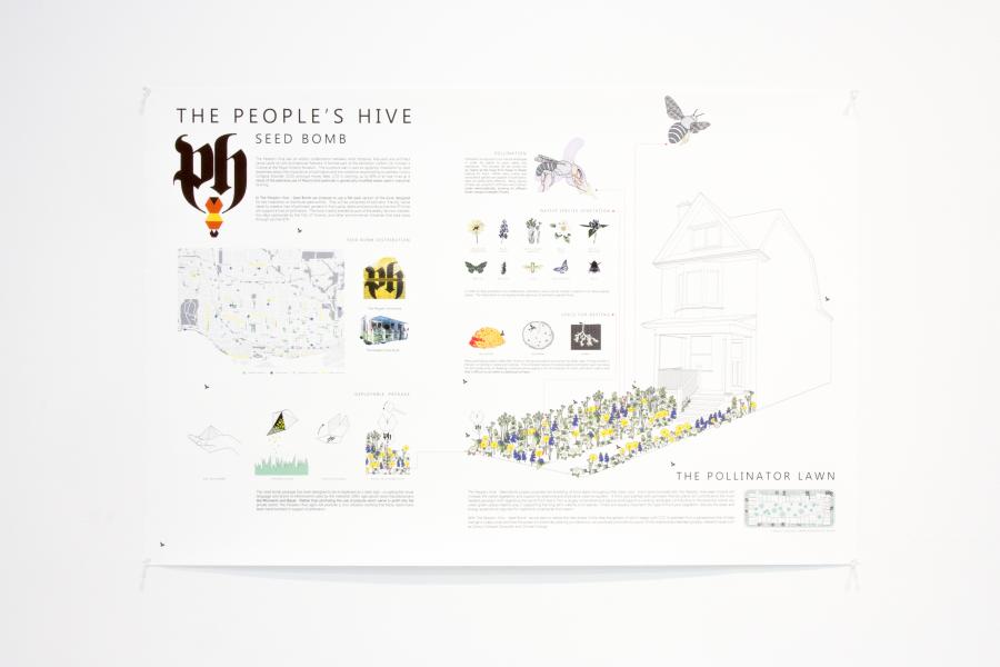 Informational poster titled "The People's Hive" featuring diagrams and illustrations about pollination and seed bombs.