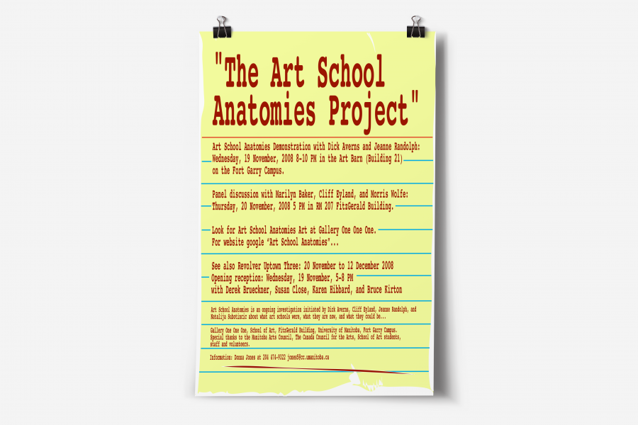 A poster for The Art School Anatomies Project with a yellow lined-paper design, red and blue text, listing events, discussions, and exhibitions at the University of Manitoba’s Gallery One One One.