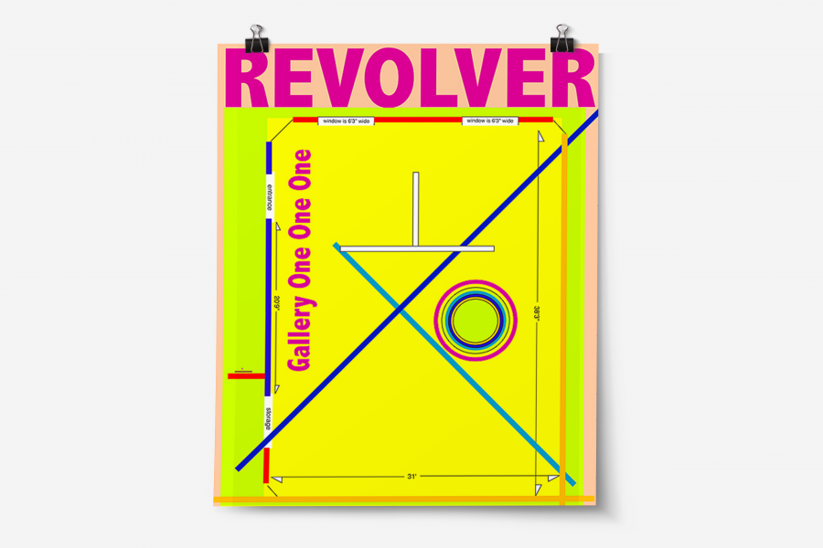 A brightly colored, geometric poster for Revolver at Gallery One One One, featuring bold pink and yellow text with abstract shapes and measurements in blue, green, and red.
