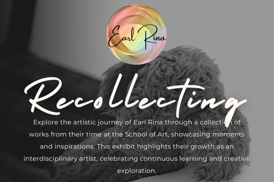 Promotional graphic for Earl Rina's exhibition 'Recollecting,' featuring text overlay on an abstract black-and-white background