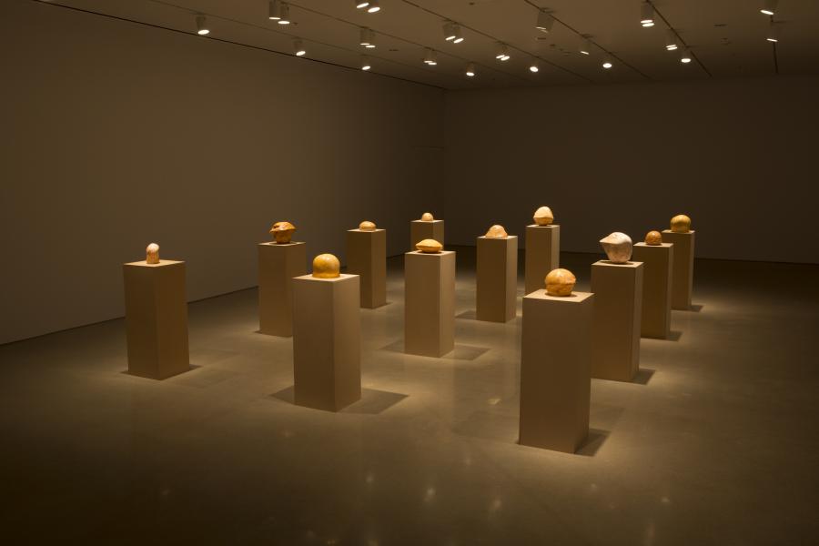 An installation of golden, organic sculptures displayed on individual pedestals, arranged in a grid under warm lighting in a gallery.