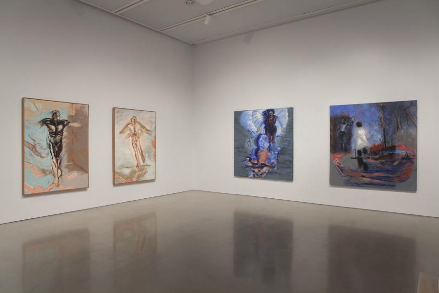 A corner view of Sheila Butler’s exhibition showcasing richly textured and deeply atmospheric paintings, each offering narratives that blend abstraction and figuration.