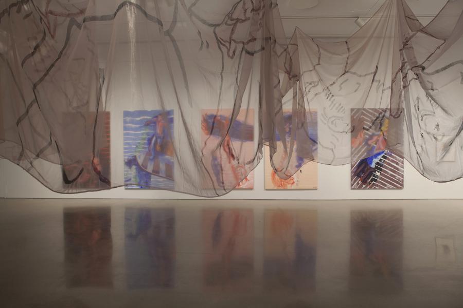 Sheila Butler’s sheer fabric installation with painted motifs, providing a delicate yet impactful foreground to her expressive paintings.