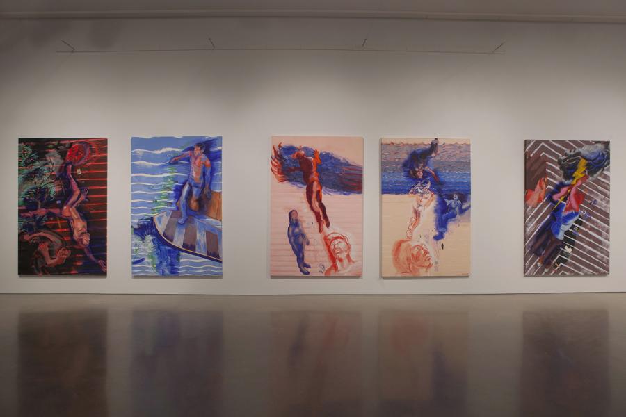 A closer look at a sequence of five vibrant works by Sheila Butler, exploring themes of movement, tension, and narrative through bold, gestural lines and dynamic color contrasts.