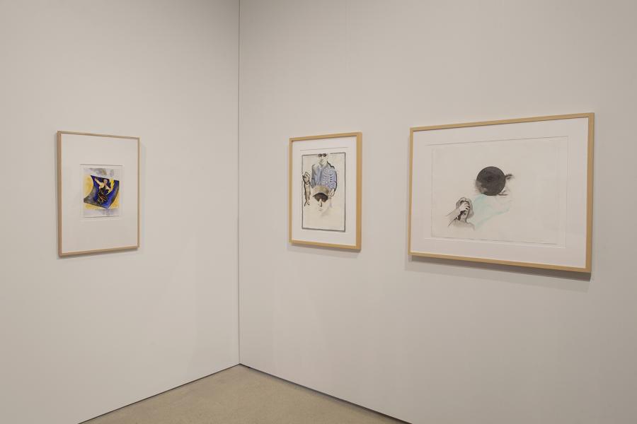 A corner display of Sheila Butler’s intricate works on paper, demonstrating her delicate line work and conceptual depth.