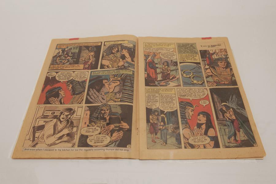 A close-up of a vintage comic spread featured in Sheila Butler’s exhibition, emphasizing narrative, nostalgia, and visual storytelling.