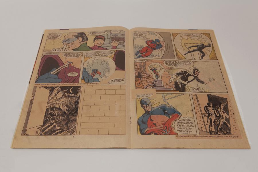 A close-up of a vintage comic spread featured in Sheila Butler’s exhibition, emphasizing narrative, nostalgia, and visual storytelling.