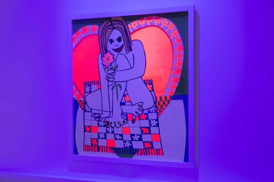 A vibrant framed artwork depicting a stylized figure holding a flower, surrounded by a glowing heart motif, under purple lighting.
