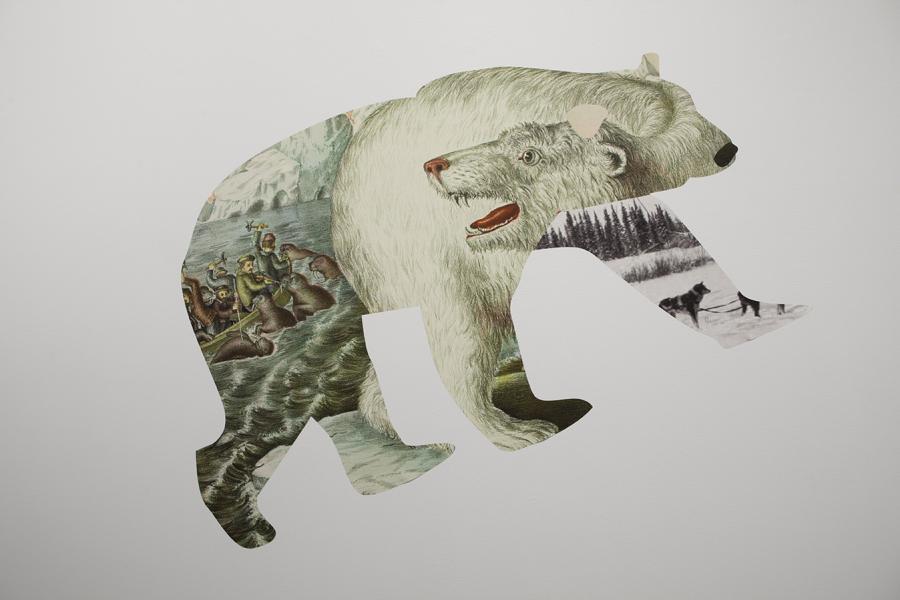 A cut-out collage of a polar bear on a white gallery wall, filled with historical illustrations and landscape imagery.