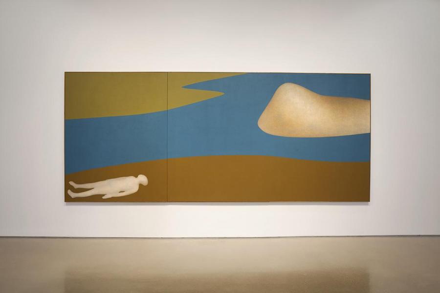 A large diptych painting on a gallery wall, depicting an abstract landscape with a reclining human figure, a blue river, brown ground, and a floating organic shape.