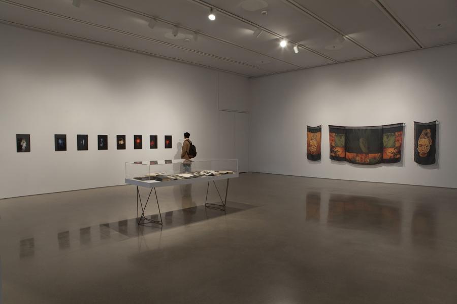 A visitor observes framed photographs and archival materials in a contemporary gallery setting.