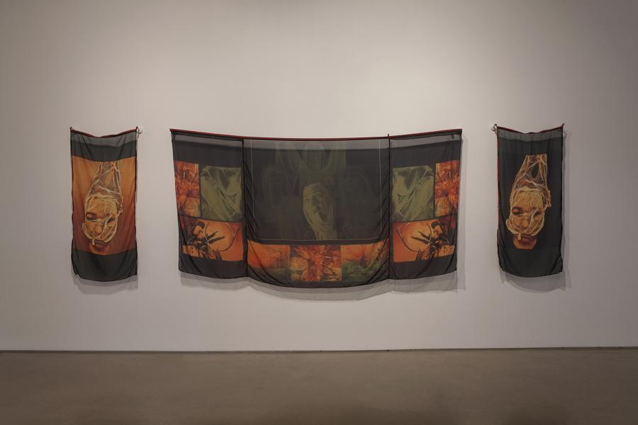 Textile-based triptych artwork featuring spectral imagery printed on translucent fabric.