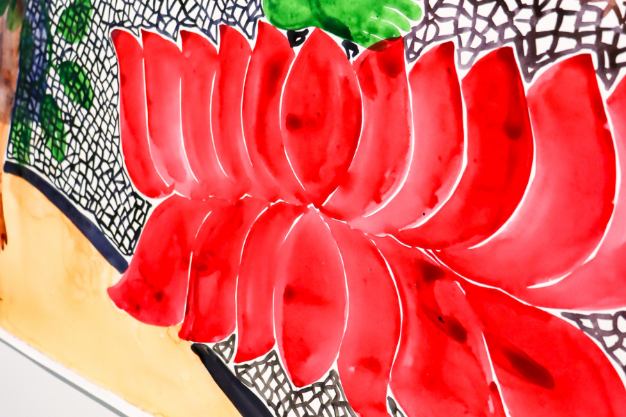Close-up of Laila Fazal’s painting featuring vibrant red petal-like shapes, a green hand, and a netted black background, evoking botanical and textile motifs.
