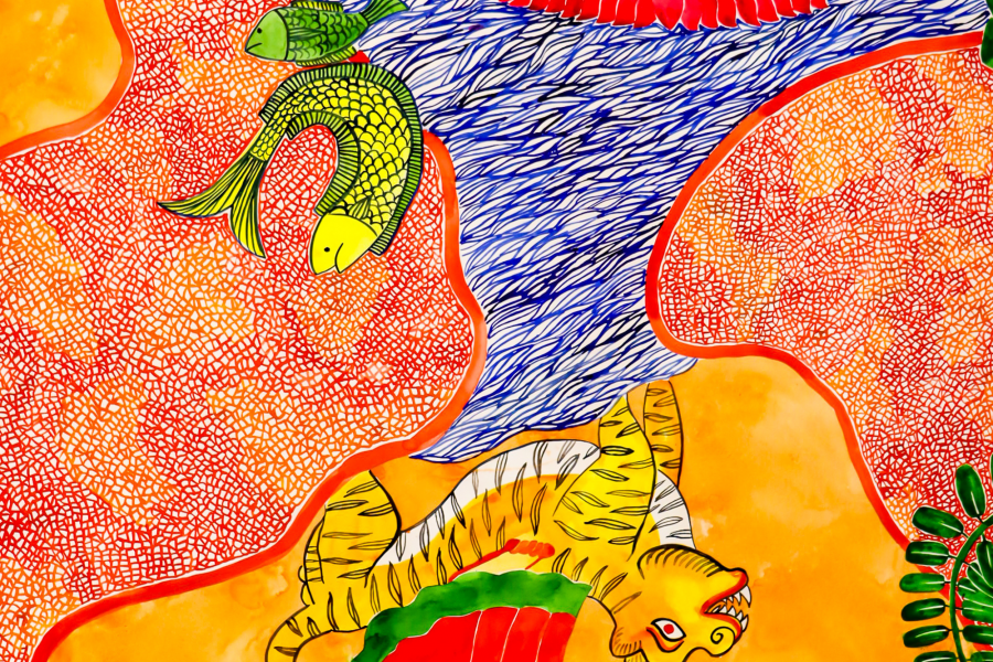 Detail of Laila Fazal’s mural showing stylized fish, a roaring tiger, and swirling linework suggesting water, surrounded by patterned land masses in bold, contrasting colors.