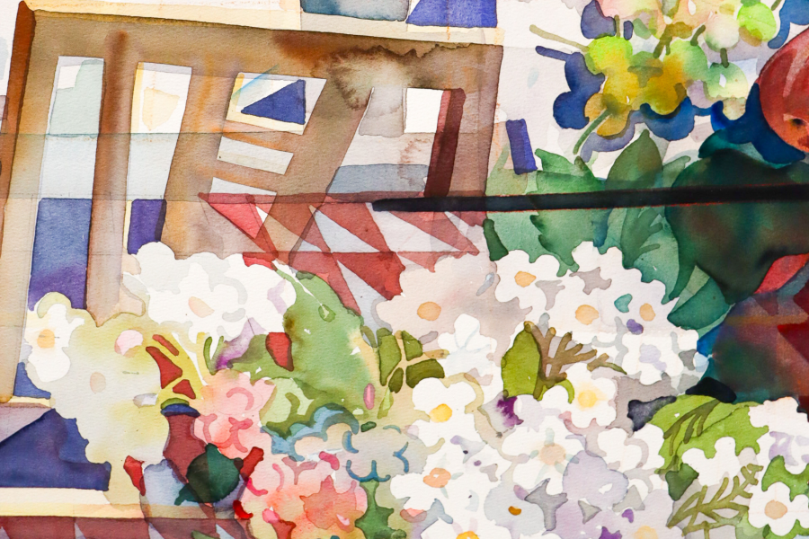 Detail view of Xianghui Guan's painting showing layered translucent brushstrokes forming abstracted chairs and clusters of vibrant flowers, rendered in watercolor-like tones.
