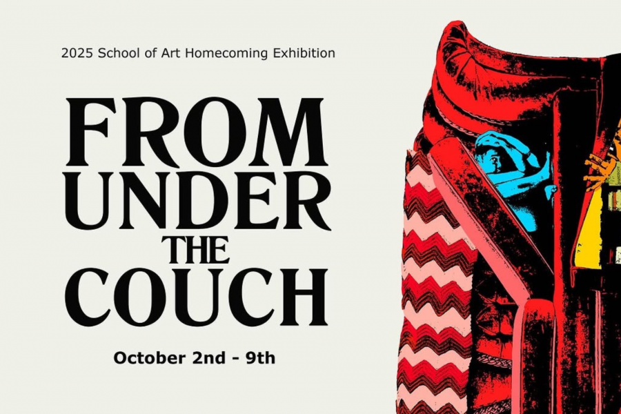 Poster for the 2025 School of Art Homecoming Exhibition. Large bold black text reads: FROM UNDER THE COUCH, with dates October 2nd – 9th beneath. At right, a stylized, brightly colored graphic of a red couch with zigzag patterned cushions and hidden objects peeking from between them, including a blue figurative form. Background is a light cream color.