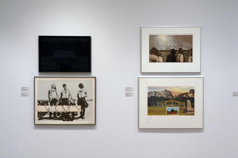 Four prints. Clockwise from top-left: A black bench on a black background, four people looking in a mirror, three men with motorcycles in black and white with a beige bar and black squiggle overlayed, and The Great Divide sign between Alberta and BC with an smaller image of a red car reading “budget”.