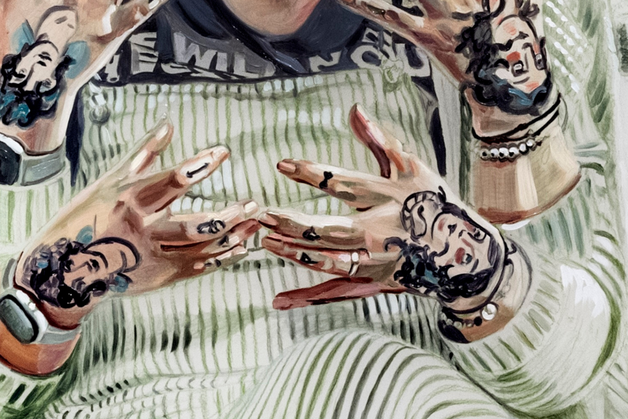 Painted portrait of a seated figure holding measuring tapes stretched across their face and raised arms, with layered hands and gestural marks suggesting tension and motion.