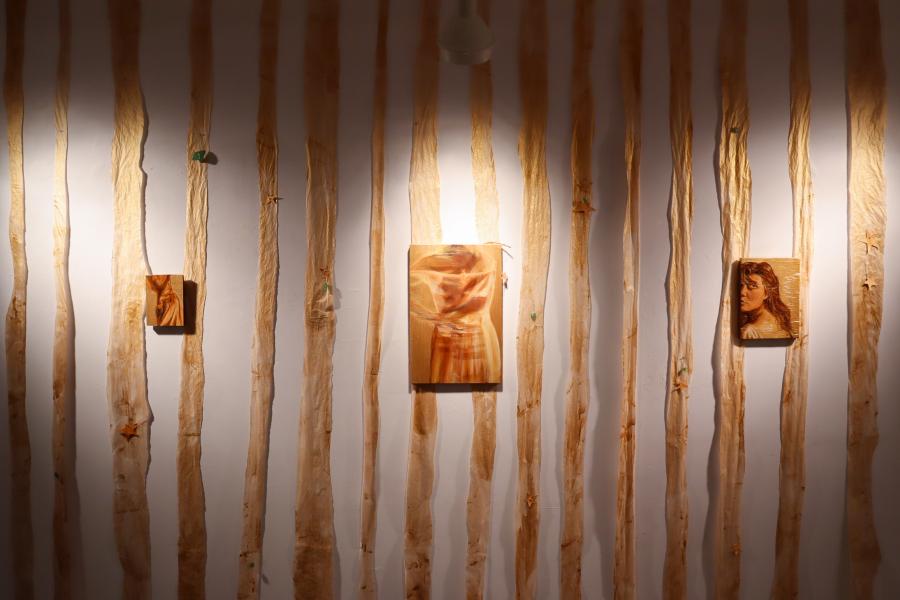 Wall installation with vertical translucent fabric strips and three small, warm-toned figurative paintings mounted at varying heights, softly lit by spotlights.