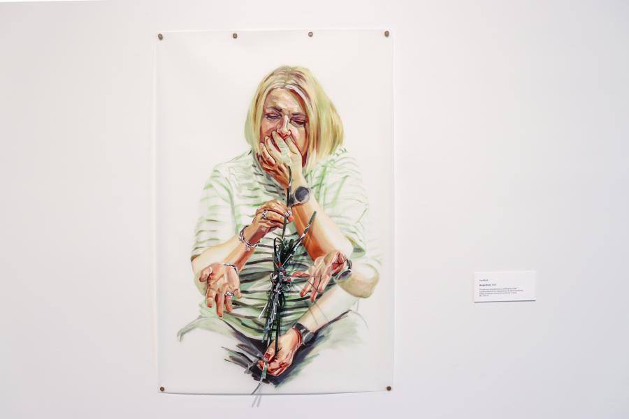 Painting of a seated woman with multiple overlapping arms, one hand covering her mouth, tangled cords running through her hands.