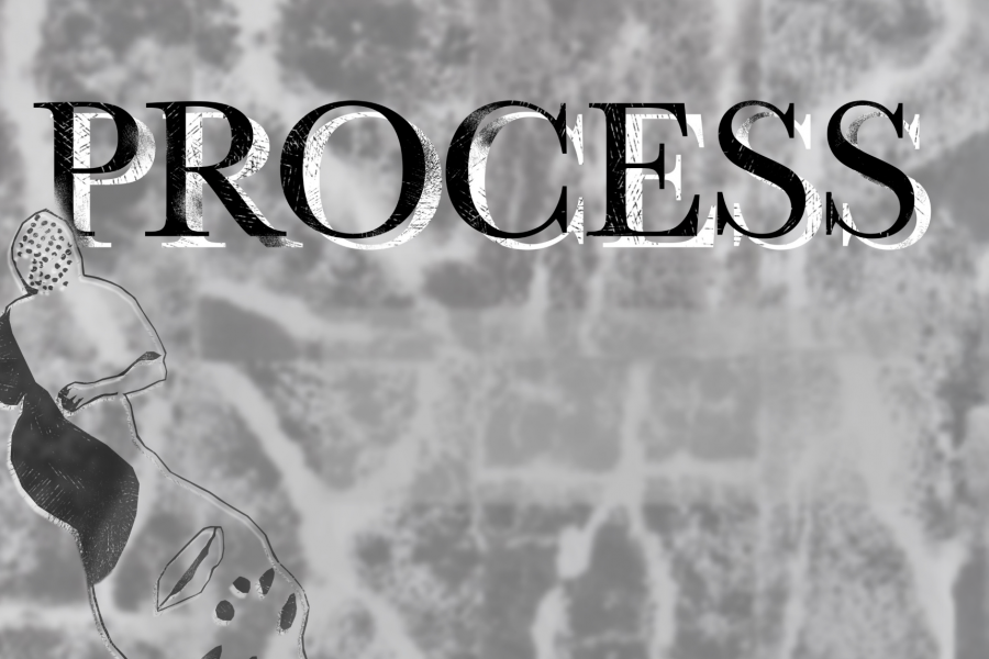 Black-and-white exhibition poster with the word “PROCESS” in large distressed lettering across the top. A soft, textured background overlays abstract organic shapes