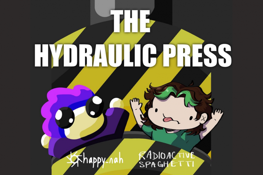 Poster for The Hydraulic Press showing a cartoon hydraulic press with black and yellow hazard stripes above two characters—a purple blob-like figure and a small person with green-streaked hair raising their hands.